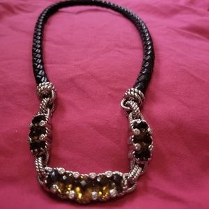 Vintage Judith Ripka Sterling Silver necklace w citrine colored stones+leather